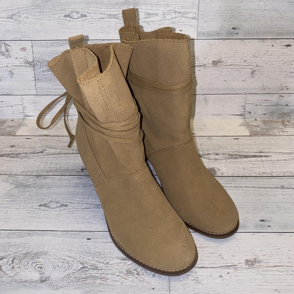 TOMS Boots Womens 8.5 Tan Mila Suede Wrap Tie Heel Ankle Booties‎ Boho Festival